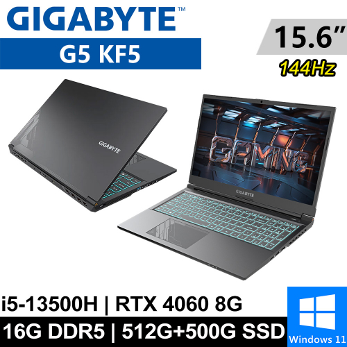 技嘉 G5 KF5-53TW383SH-SP2 15.6吋 黑(i5-13500H/8G+8G/512G PCIE+500G SSD/RTX4060 8G/W11)特仕筆電