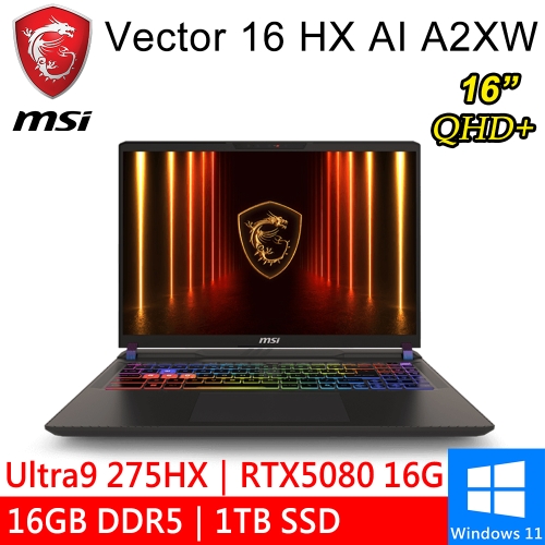 微星 Vector 16 HX AI A2XWIG-014TW 16吋 灰(Intel Ultra 9 275HX/16GB DDR5/1TB PCIE/RTX5080 16G/W11)●預購排單出貨●